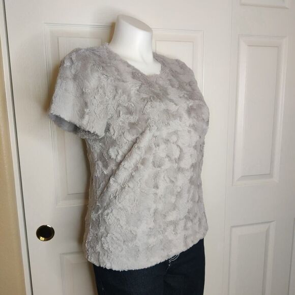 Anthropologie Leifsdottir faux fur zip back short sleeve tee sz L - Picture 5 of 11